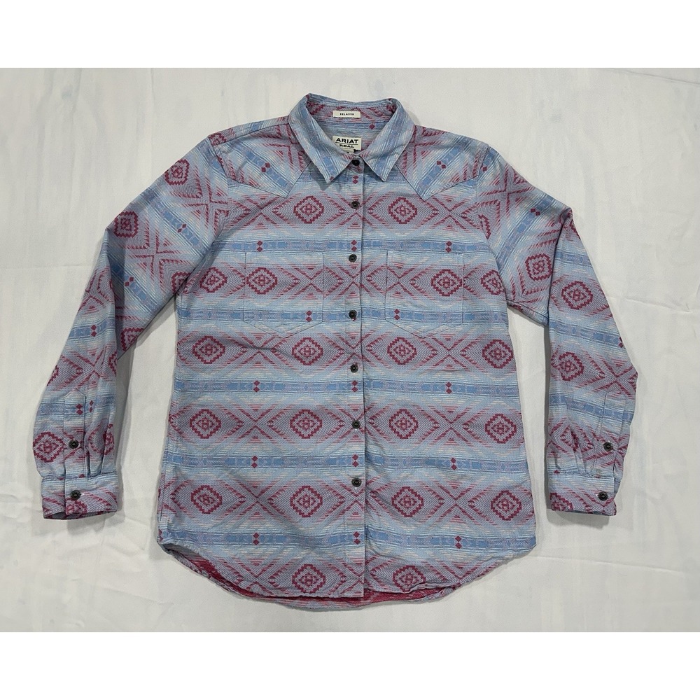 Ariat Woman's Real Relaxed Fit Shirt Medium Blue Pink Western Aztec Rodeo READ